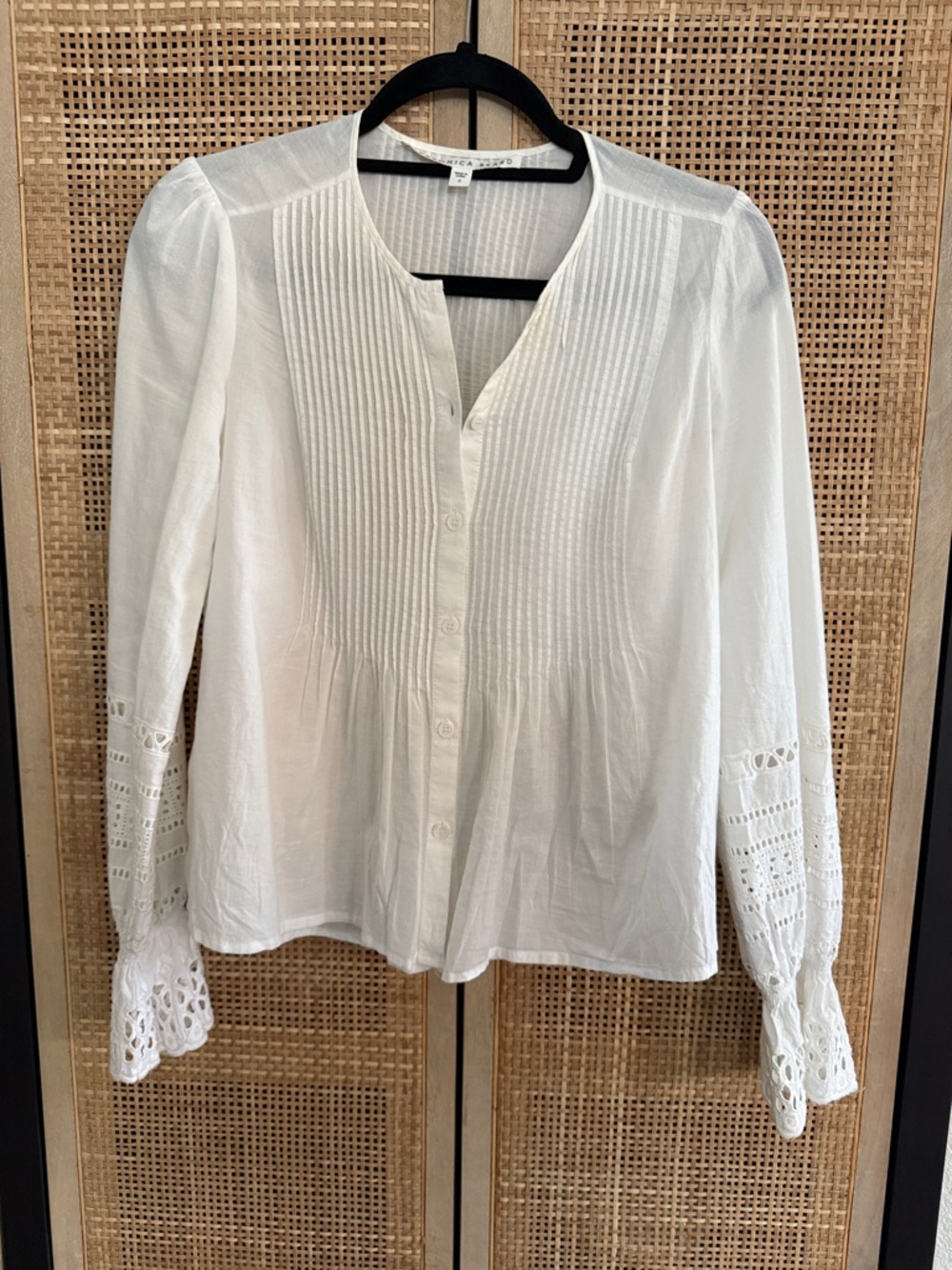 Veronica Beard White Pintuck Lace Sleeve Button-Front Top